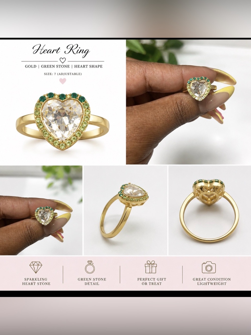 Kurt Geiger Gold Heart Ring with Clear Center and Green Accents